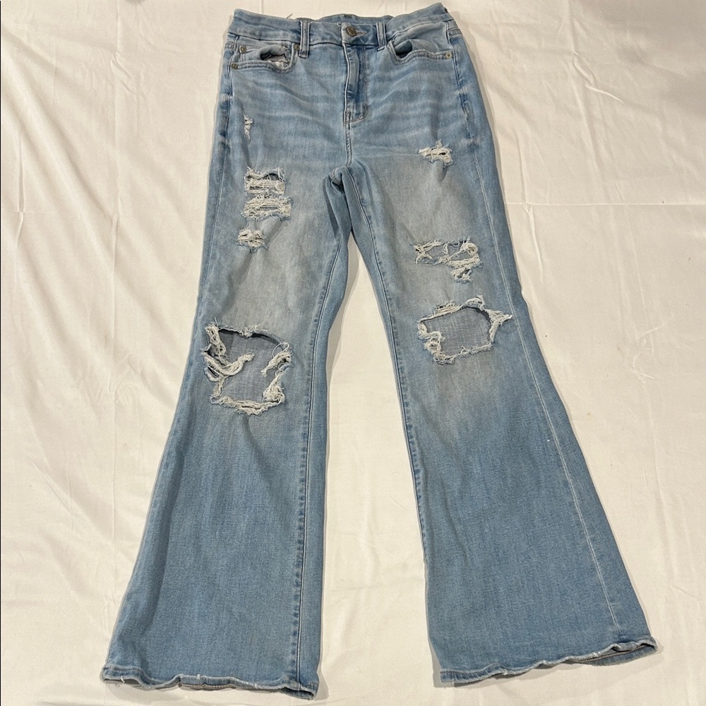 American Eagle Outfitters Light Blue Next Level Stretch Flare Jeans Distressed